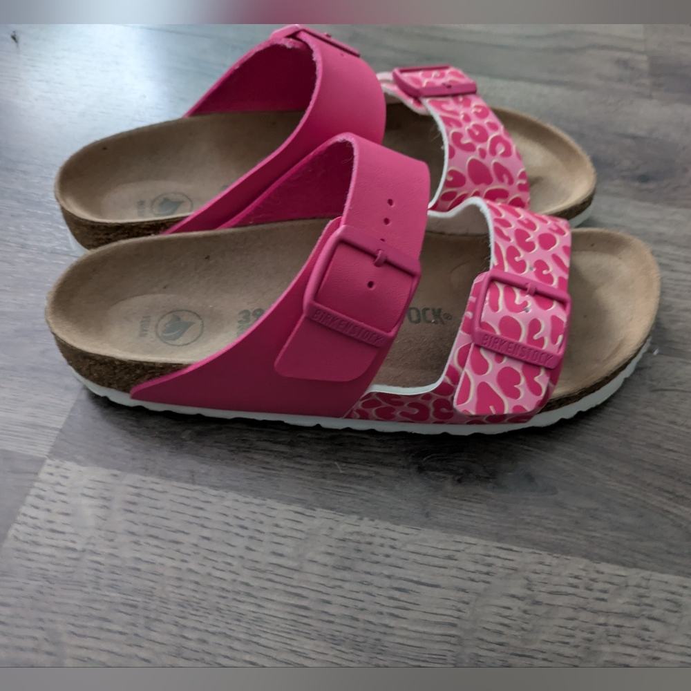 Birkenstock Pink Sandals with Animal Print and Cork Footbed